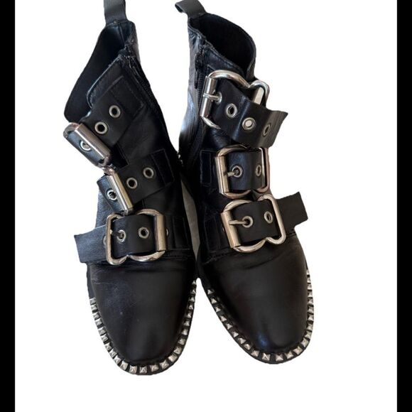 Topshop Black Alfie Buckle Studded Silver Boots   Leather Ankle Size 36 - Picture 2 of 9